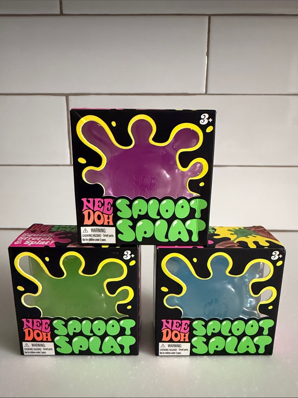 Needoh Sploot Splat Kids Stress Toy - Set of 3 Purple, Green, Blue New